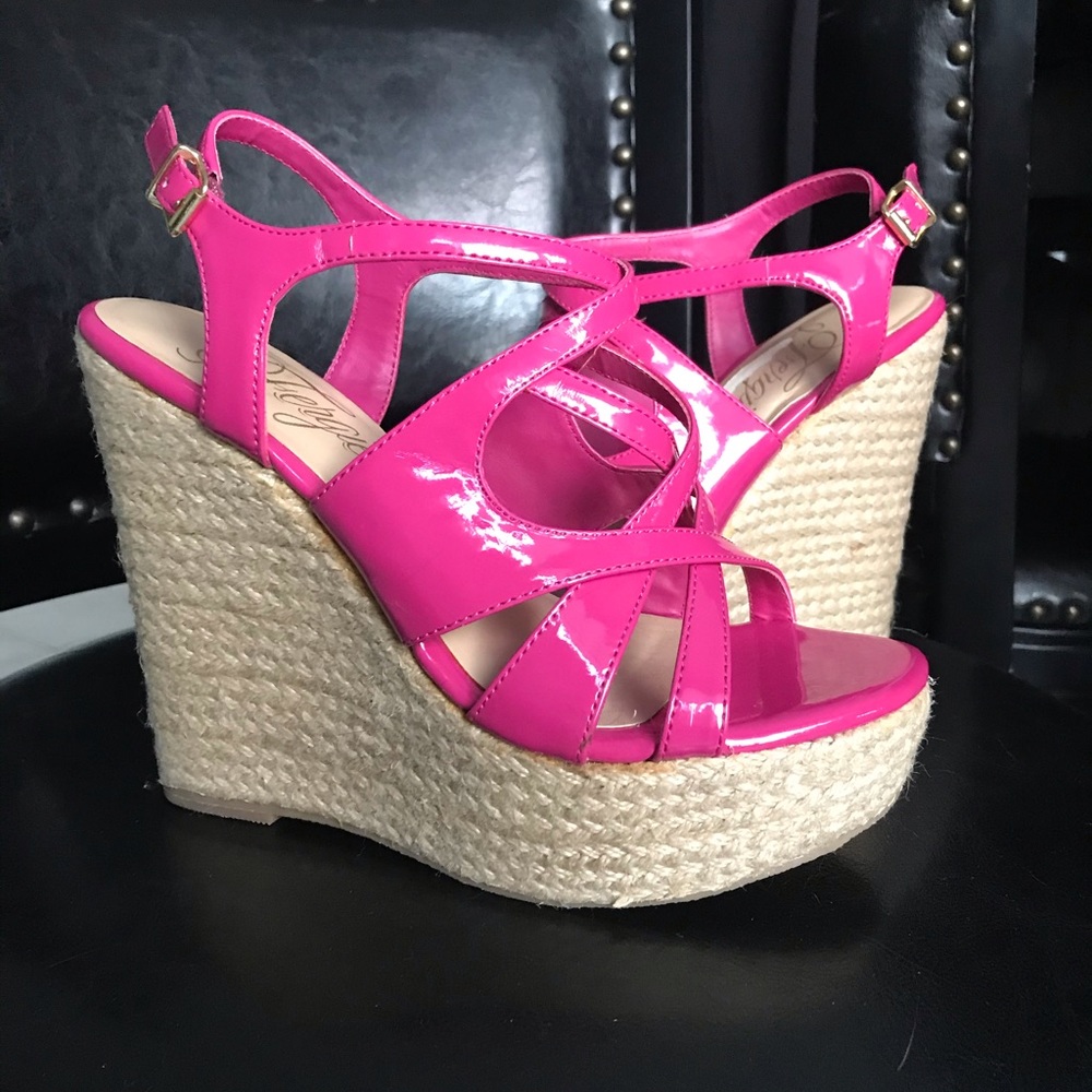 Fergie Pink patent leather braided wedge sandal